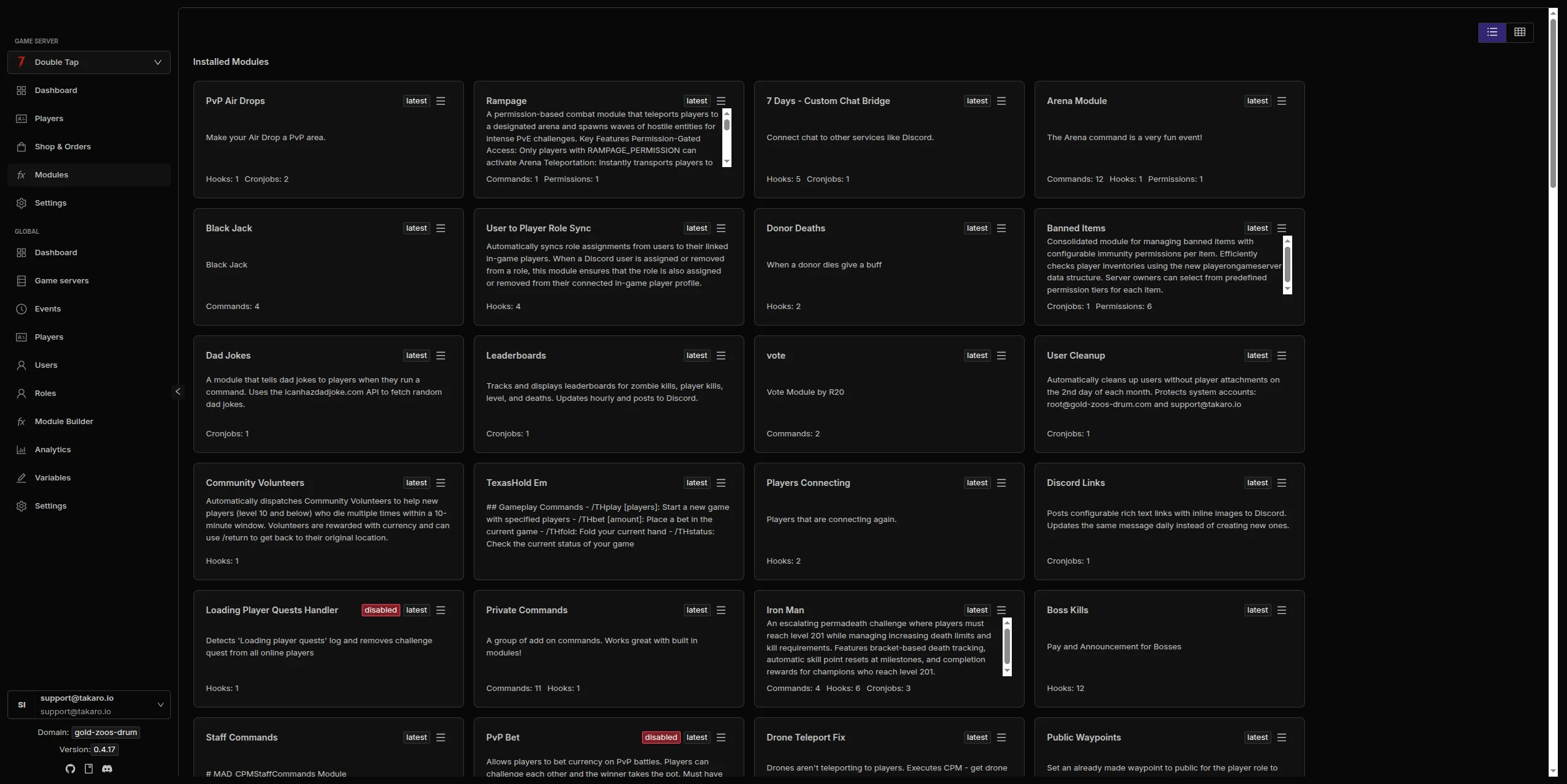Takaro installed modules showing module cards with descriptions and tags