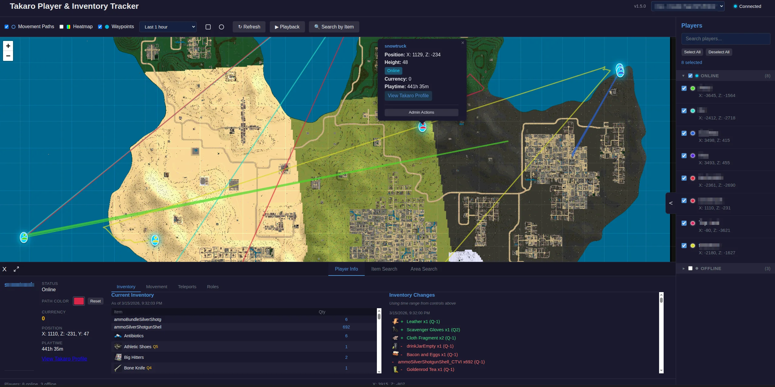 Takaro player tracker showing a live 7 Days to Die map with online player positions and coordinates